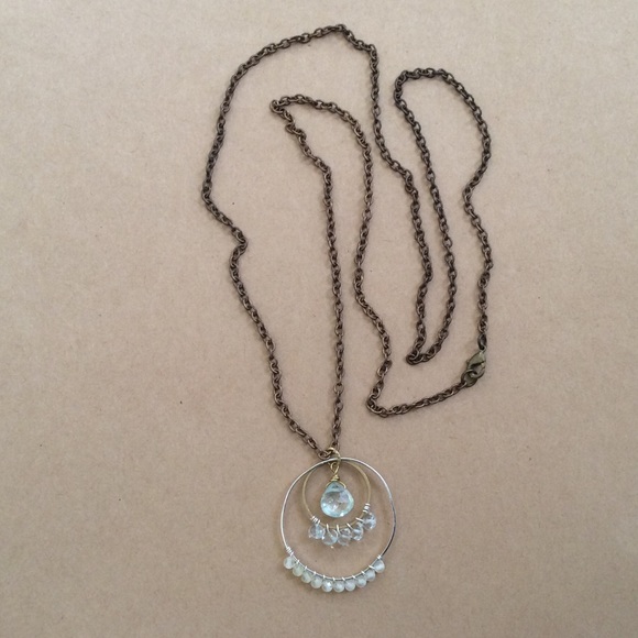 Handcrafted Sundance charm natural aquamarine lemon quartz brass necklace 30” - Picture 2 of 9